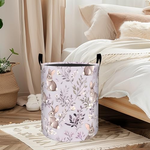 Rabbit Floral Laundry Basket, Oxford Cloth Pastel Cute Dirty Clothes Collapsible Hamper for Room Decor, Bunny and Flower Plant Print Gifts Toy Organizer 19.7*15.7 Inch for Bedroom Bathroom Dorm - style: Rabbit01