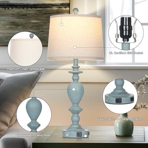 27.5" Coastal Table Lamp for Living Room Set of 2,Retro Blue Bedside Nightstand Lamps with USB C+A Ports & AC Outlet,3-Way Dimmable Touch Control Desk Lamp for Bedroom - color: Blue