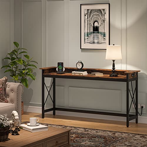 Tribesigns Sofa Table with Outlets and USB Ports, 70.9 inch Extra Long Console Table Behind Couch with Charging Station, Industrial Narrow Entryway Hallway Accent Table for Living Room - color: Brown