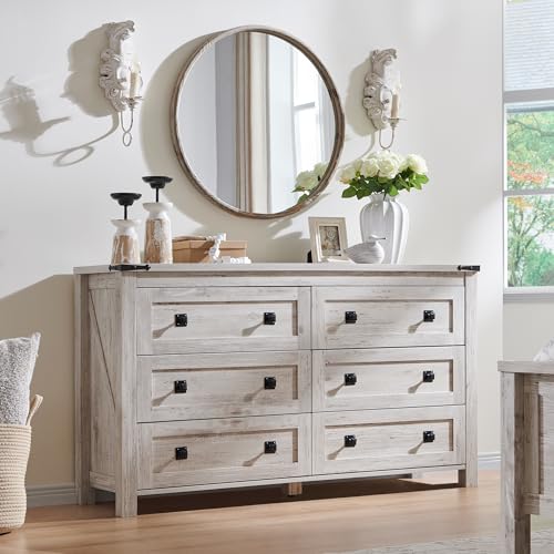 T4TREAM 54" Wide Farmhouse 6-Drawer Dresser for Bedroom, Antique Brush White - color: Antique Brush White, size: 15.8"D x 54"W x 31.3"H (6 Drawers)