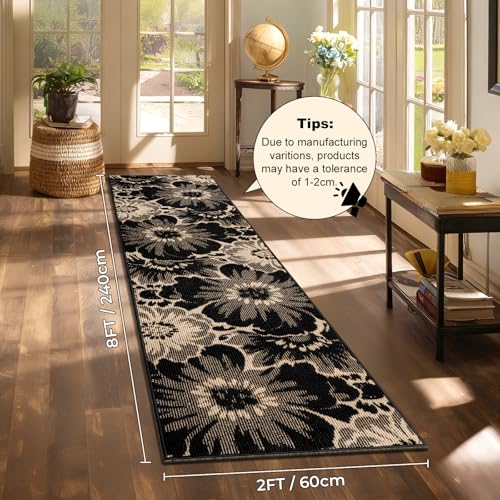 Findosom Hallway Runner Rug 2x8, Non Slip High-Low Textured Floral Washable Runner Rug with Rubber Backing, Boho Carpet Runner for Kitchen, Entryway, Bedroom, Laundry, Black & Beige - color: Black/Beige, size: 2' x 8'
