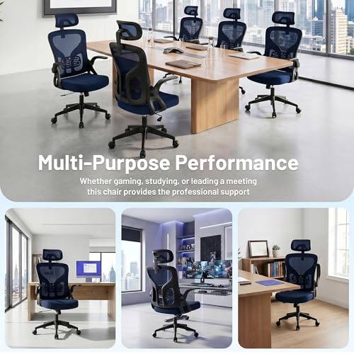 Office Chair Ergonomic Desk Chair with Adjustable Headrest Lumbar Support, High Back Breathable Mesh Chair with 120° Tilt & Flip-Up Armrests, Swivel Comfy Task Computer Chair for Work, Study - color: Navy