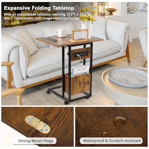 Hadulcet C Shaped End Table for Couch with Power Port & Foldable Tabletop | Folding TV Tray Table for Eating with Storage, Snack Table C Table for Sofa, Living Room Bedroom Small Spaces, Rustic Brown