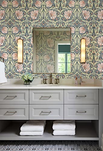 HAOKHOME William Morris Style Peel and Stick Wallpaper Floral Terracotta | Vintage Textured Renter Friendly Removable Wall Paper Grey Yellow Bathroom Bedroom Self Adhesive Contact Paper 17.3in x 9.8ft - color: Grey/Terracotta, size: S: 17.3in x 9.8ft