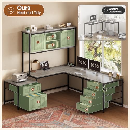 SEDETA Reversible Farmhouse L Shaped Office Desk with 6 Drawer, Hutch | Computer Corner Desk with Power Outlet, File Drawer & Printer Storage Shelves, for Home Office/Two Person, Grey - color: Grey