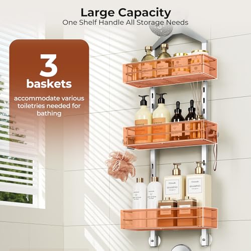 Orimade Aluminum Hanging Shower Caddy Over Head, Adjustable Anti-Slip Bathroom Shelves with Hooks, Rustproof Shower Organizer Storage Rack, Silver 3 Tier - color: Polished Silver - 3 Tier