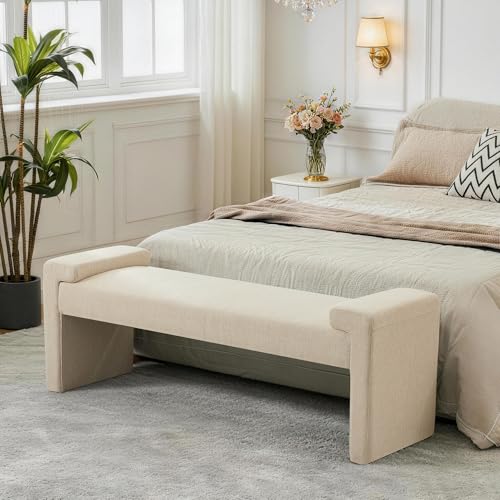 Upholstered Entryway Bench, 58.7" Modern Bedroom Bench, Camel | Curved Armrests, Solid Wood Frame, End of Bed, Bedroom, Living Room, Hallway - color: Tan-linen, size: 58.7"