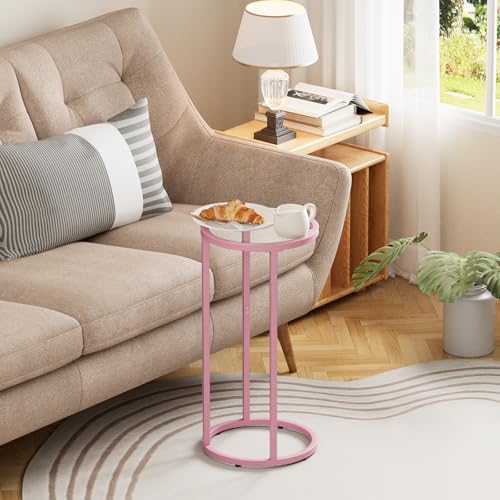 Easy Paws C Table Side End Table, Small Round Couch Sofa Tray Snack Table for Living Room, Bedroom,Accent Coffee Table,TV Tray Table for Small Space, Nightstand with Metal Frame(Pink) - color: Pink