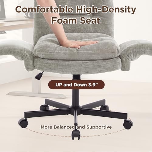 FiveWillowise Cross Legged Office Chair with Flip-up Arms&Back,Light Grey | Criss Cross Chair With Thicken Wide Seat,Lounge Makeup Vanity Chairs with Side Pockets,Comfy Home Office Desk Chair,Chenille - color: Light Grey