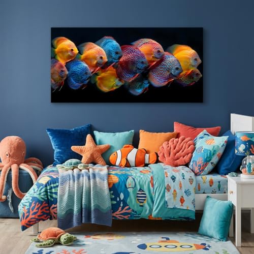 ZESTRILIA Colorful Discus Fish Canvas Wall Art, Vibrant Tropical Fish Print, Luxurious Coastal Ocean Wildlife Modern Home Wall Decor for Living Room Bedroom Office (40x20 Inch) - color: Blue Colorful Discus Fish