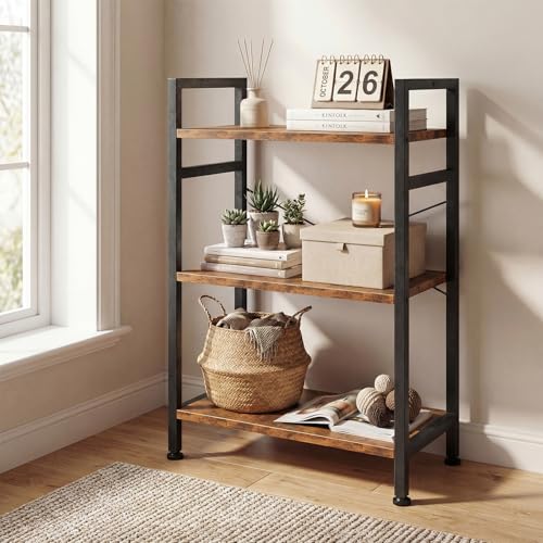 DUMOS 3 Tiers Open Bookshelf, Classic Freestanding Tall Display Shelf, Multifunctional Storage Organizer Rack for Living Room Home Office, Sturdy Bookcase for CDs/Books/Movies, Brown | Multifunctional Storage Organizer Rack for Living Room Home Office, St