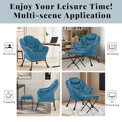 Lazy Chair with Ottoman, Comfy Reading Chair, Blue | Cushioned Seat with Foldable Ottoman and Side Pocket, Lounge Chair for Bedroom, Living Room, Dorm and Small Spaces - color: Blue