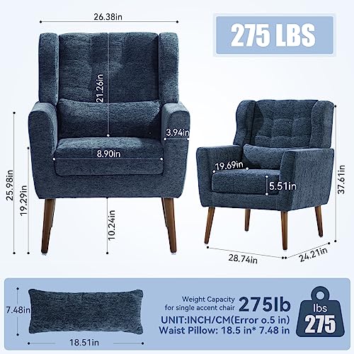Modern Accent Chair, Upholstered Armchair with Pillow, Fabric Single Sofa Chair with Lounge Seat and Wood Legs Accent Chair for Living Room Bedroom Small Spaces (Dark Blue) - color: Dark Blue, size: Set of 1