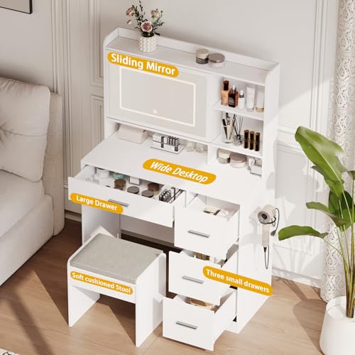 Viaozutis Vanity Desk with a Mirror and Lights,with Chair and Four Drawers, Three Adjustable Lighting Modes,with Power Outlet and Sliding LED Mirror,Bedroom Vanity Desk (White) - style: White