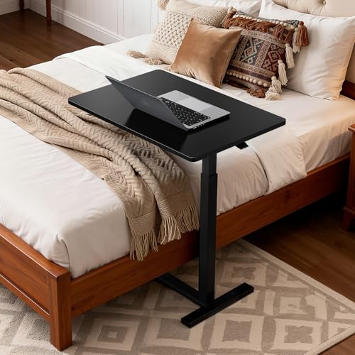 Overbed Bedside Table with Hidden Casters, Adjustable Pneumatic Mobile Laptop Computer Standing Desk, Rolling Laptop Table, Movable Overbed Table Hospital Home Use, Black - color: Black, style: Non-Tiltable