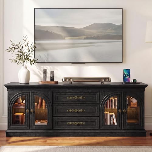 JUMMICO LED Farmhouse TV Stand with Charge Station for 70 Inch TV(Black) | Entertainment Center with Fast Power Outlets, Media Console with Storage Cabinets & 3 Drawers, TV Cabinet for Living Room - color: Black, size: TV Stand with Charge Station