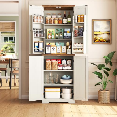 Yusong 72'' Farmhouse Kitchen Pantry Cabinet,Storage Cabinet with 4 Doors and Adjustable Shelves, Wooden Food Pantry Cupboard for Kitchen Dining Living Room Bathroom, Antique White with Wood Top - color: White Brown, size: 72"H