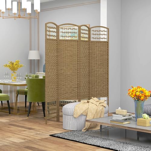 HOMCOM 4 Panel Room Divider, Folding Privacy Screen, 5.6', Natural | Room Separator, Wave Fiber Freestanding Partition Wall Divider - color: Natural, size: 4 Panel