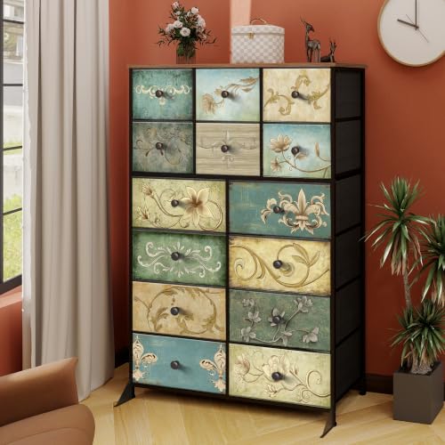 Dresser with Drawers for Bedroom Chest of Drawers Fabric Dresser for Closet,Nursery Entryway Hall Tree TV Stand for Living Room Retro Floral Pattern Drawers Wooden Top (14 Drawers) - size: 11.8"D x 39"W x 57"H (14 Drawers)