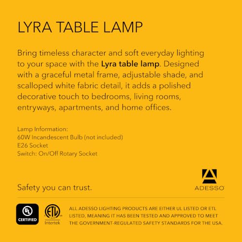 Adesso Table Lamp, Antique Brass & White, Adjustable Arm, 26” | Lyra 60W Table Lamp with Scalloped Fabric Shade, Rotary Switch, Bedroom, Living Room, or Home Office Accent Lighting