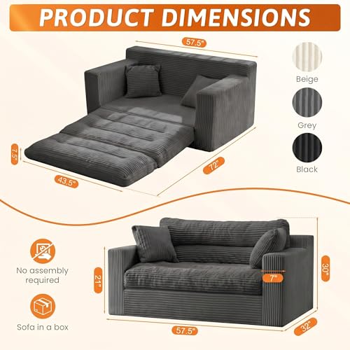 Erament Boneless Loveseat Sofa Couch, 2 in 1 Convertible Sofa Bed with Pillows, Fold Out Bean Bag Chair Boneless Floor Couch for Living Room Bedroom Office Lounge Apartment, No Assembly Needed, Grey - color: Grey, size: Loveseat