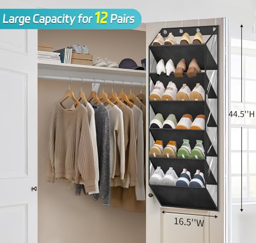 AOODA Clear Over The Door Shoe Organizer Storage Holds 12 Pairs, Narrow Door Hanging Shoe Rack for Closet, Deep Pockets Shoe Holder Hanger for Sneakers, Boots (Black) - color: Black, size: 44.5"