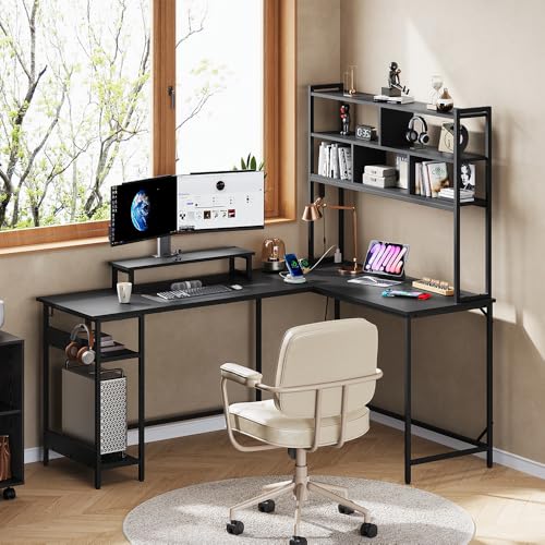 DEVAISE 66 Inch L Shaped Gaming Desk with Drawers and Storage, Corner Desk with LED Lights, Power Outlets, Computer Desk with Monitor Stand, Office Desk for Home, with Hutch, Black - color: Black, size: 66 Inch with Hutch