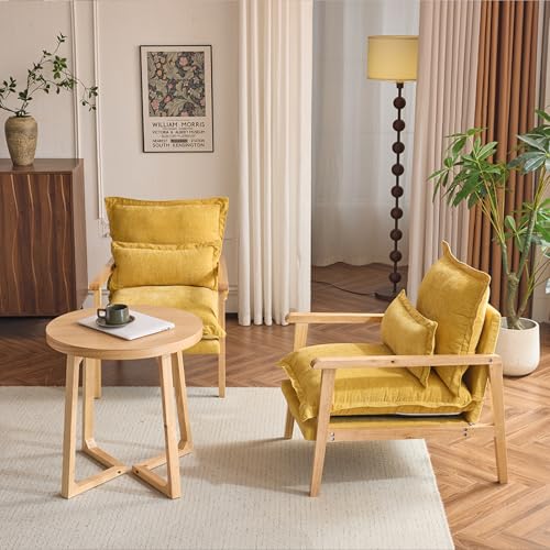 Karl home Plush Chenille Accent Chair with Lumbar Pillow & Ruffled Design Cozy Lounge Chair for Living Room, Bedroom, Reading Corner, Yellow