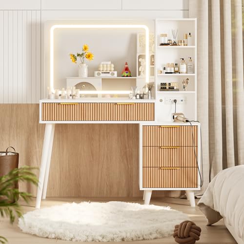 Vanity Desk with Mirror and Lights, Makeup Vanity Desk with Power Outlet, Makeup Desk with 5 Drawers Storage Shelves, Vanity Table 3 Color Modes Adjustable Brightness Dressing Table Set for Bedroom - style: Vanity-E