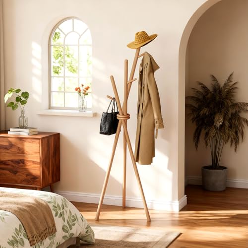 VICITON Wooden Coat Rack, Tripod Coat Tree Freestanding with 3 Hooks for Clothes, Hats and Handbags, Coat Hanger Stand for Bedroom, Living Room, Entryway (Light) - color: Light