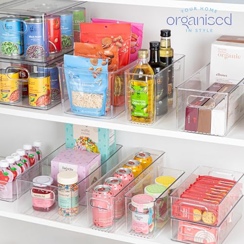 Plastic Food Storage 4 Pack Clear Container Bin with Handles for Organizing Kitchen, Pantry, Refrigerator, Freezer, Pantry, Cabinet, Closet, Bathroom. 14”x8”x5” - size: 14x8x5
