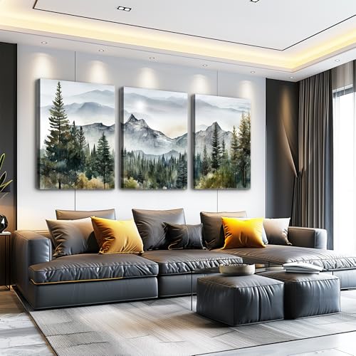 MHARTK66 Large Size Wall Art for Living Room Modern Wall Decor for Bedroom Office Decor Abstract Mountain Forest Landscapes Ink Painting 3 Piece Framed Canvas Art Prints Ready to Hang Wall Pictures - color: Forest Landscape Painting, size: 20x28inches*3pc