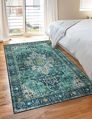 Moynesa Ultra-Thin Washable Vintage Area Rug - 3x5 Boho Entry Throw Rug Non-Slip Oriental Medallion Bedroom Mat Non-Shedding Indoor Floor Carpet for Living Laundry Room, Teal/Mutil - color: Teal, size: 3' x 5'