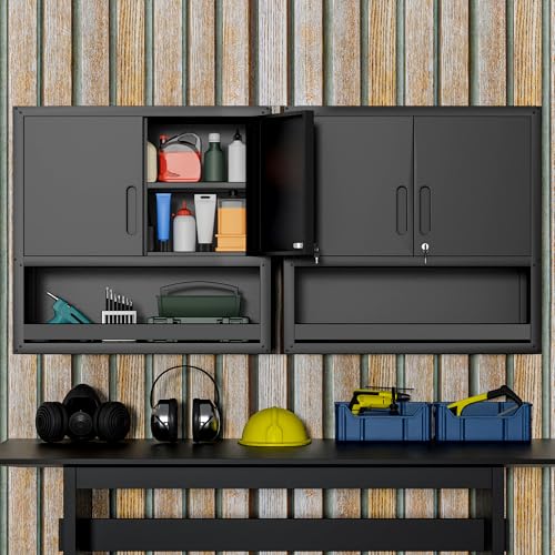 Garage Wall Cabinet,29.5" W Wall Mounted Garage Cabinets with Adjustable Shelf,Heavy Duty Lockable Metal Cabinet,Secure Hanging Tool Cabinet for Basement,Laundry Room,Workshop,Black - color: Black, size: 2 Doors & Open Storage