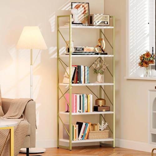 DWVO Gold Bookshelf | Modren 5 Tier Bookcase, Storage Shelves Organizer Standing Shelf, Display Rack Book Shelves for Bedroom,Living - color: Gold