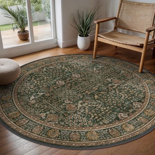 5ft Round Area Rug 5x5, Washable Non Slip, Dark Green Brown | Vintage Floral, Spill Resistant, Lightweight Low Pile Non-Shedding Carpet for Bedroom, Nursery and Dining Room - color: Dark Green Brown, size: 5' (Round)