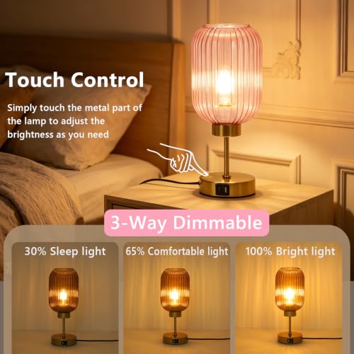 LAMSU Vintage Pink Table Lamp Touch Control, Small Glass Desk Lamp with Bulb, Charging Port, Mid Century Modern Bedside Lamp, 3 Way Dimmable Nightstand Lamp for Bedroom Living Room Home Decor - color: Pink