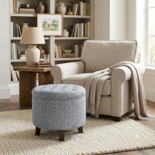 HomePop 19" Button Tufted Round Storage Ottoman - Blue Gray Woven Fabric - color: Blue Gray Woven Fabric