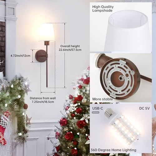Shenmoyl Battery Operated Wall Sconces Set of 2, Iron Frame with Walnut Tone Paint, 6000 mAh Rechargeable Bulb Dimmable Wall Lamp for Living Room Bedroom - color: Walnut Finish