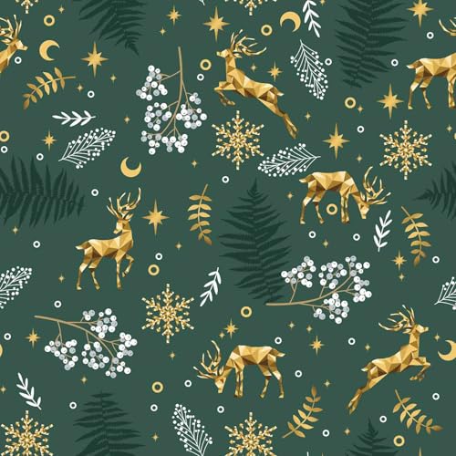 Faincy Duvet Cover Queen Size - Green Christmas Elk Deer Gold Snowflake White Floral Leaf Pattern Reversible Soft Microfiber Comforter Cover - New Year Gift Modern Bedding Set for Women Men 3Pcs 90X90 - color: Green Elk Deer (Only Cover), size: Queen