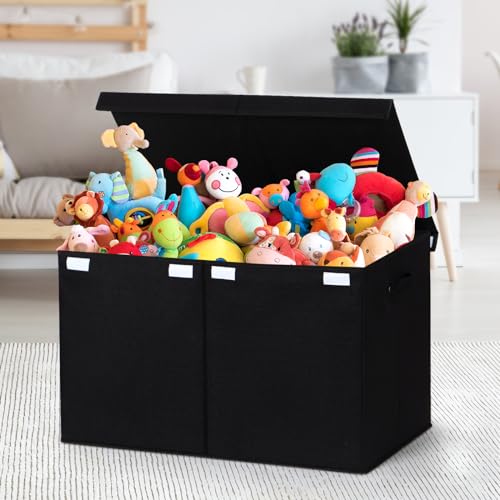 Large Toy Box Chest Storage with Flip-Top Lid, Kids Toy Storage Bin Boxes | Toy Chest with with Removable Divider for Kids, Boys, Girls, Nursery, Living Room, Bedroom, 26"x17" x17" (Linen Black) - color: Extra Large Black