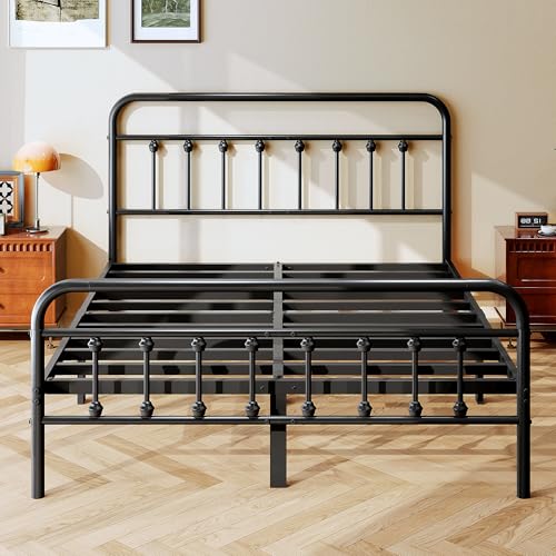 zunatu Full Size Metal Bed Frame with Victorian Style Headboard and Footboard, Steel Slat Support Platform Bed, No Box Spring Needed, Under Bed Storage, Easy Assembly, Black - size: Full