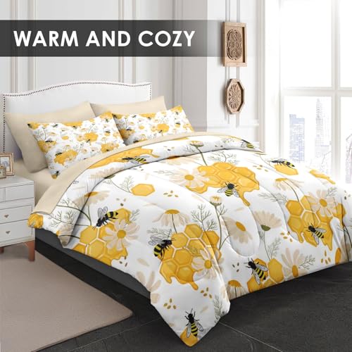 Pamnest Twin Comforter Set with Sheets, 5 Pieces Bees Honey Bedding | Bed in A Bag for All Season, Flower Spring Floral for Kids and Adults, Pillowcase & Sham - color: Bees, size: Twin