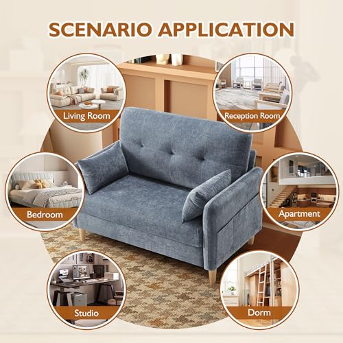 Urhanherry 47" Small Sofa Couch for Bedroom, Soft Chenille loveseat Mini Couch with Throw Pillow and Removable Cushion Cover for Small Spaces, Living Room, Apartment, Dorm, Office(Blue Grey) - color: Blue