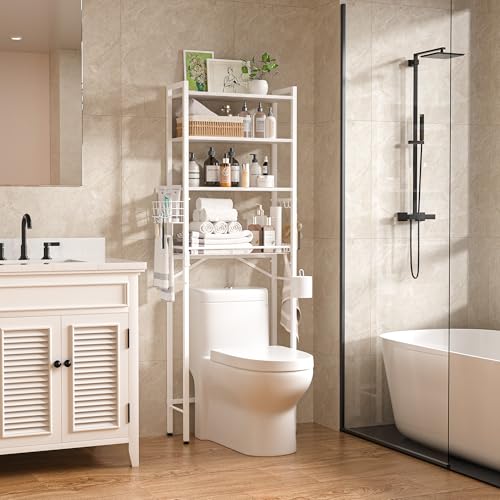 Over-The-Toilet Storage Rack, 4-Tier Bathroom Organizer Shelf Over Toilet with Adjustable Shelf and Basket, Freestanding Space Saver Bathroom Shelves Above Toilet for Room(White) - color: White