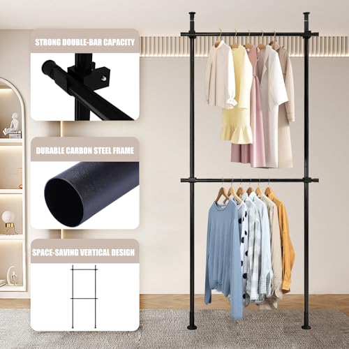 Heavy Duty Double Bar Clothing Rack – Adjustable Floor-to-Ceiling Clothes Rack, 2 Crossbars 220 lbs Capacity Each, Heavy-Duty Carbon Steel, No-Drill Installation, for Laundry Room, Bedroom & Boutique