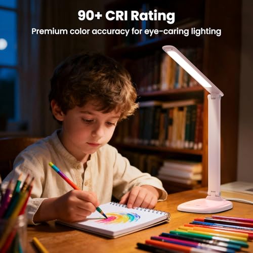 Desk Lamp with Charger, 10%-100% Stepless Dimmable & 5 Color Modes Study Lamp, Touch Control, 30-/60-minute Timer, USB Charging Output Port, CRI≥90, Eye-Caring Foldable LED Desk Lamps for Home Office - color: Pink-US