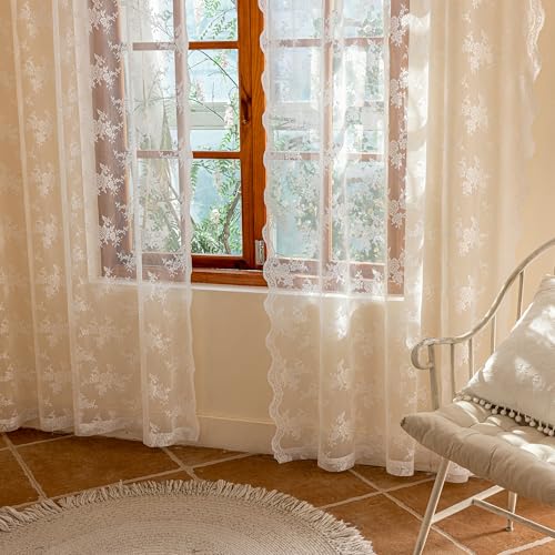 Short Lace Curtains 45 Inches Long Floral Vintage Sheer Curtains | Victorian Curtains for Small Windows Rod Pocket French Elegant Light Filtering Drapes, 50"W Each Panel, 2 Panels, White - color: White, size: 50"W x 45"L (Pack of 2)