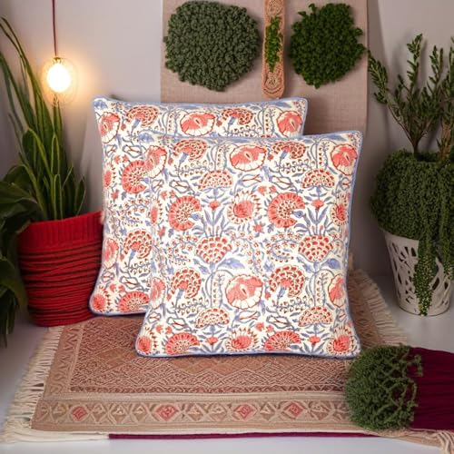 Block Print Flamingo Pink Pillow Cover 16" x 16" (Pack of 2) Decorative Couch Pillows for Living Room, Farmhouse Chic Boho Cute Outdoor Pillows Covers Gifts for Spring, Mother's Day - color: Flamingo Pink, size: 16" x 16" (Pack of 2)