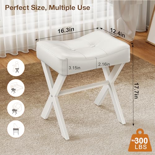 18-Inch Leather Vanity Stool Chair, White Makeup Stool | Vanity Bench, Metal X-Leg, Ottoman Accent Stool, Thick Padded Saddle Seat, 300 LBS, 16.3"x12.4"x18", For Living Room, Bedroom - size: Small, style: White Leather